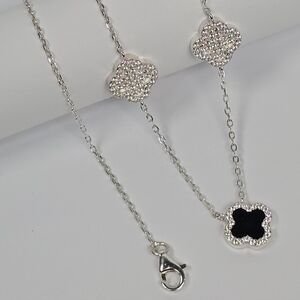 Van Cleef Insp. 5 Clover Necklace Black Enamel & Pavé 925 Sterling Silver 45cm